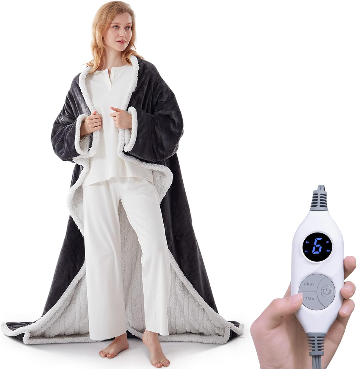 Electric Heated Wearable Blanket - Flannel & Sherpa,  6 Heating Levels & Timer, Wearable with Built-in Foot Pockets & Sleeves