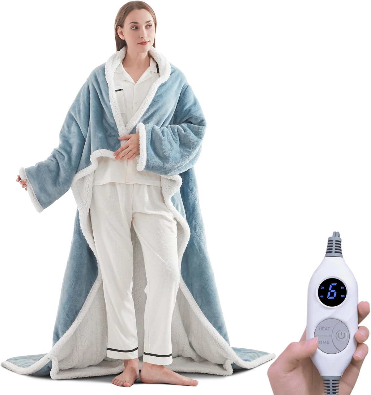 Electric Heated Wearable Blanket - Flannel & Sherpa,  6 Heating Levels & Timer, Wearable with Built-in Foot Pockets & Sleeves