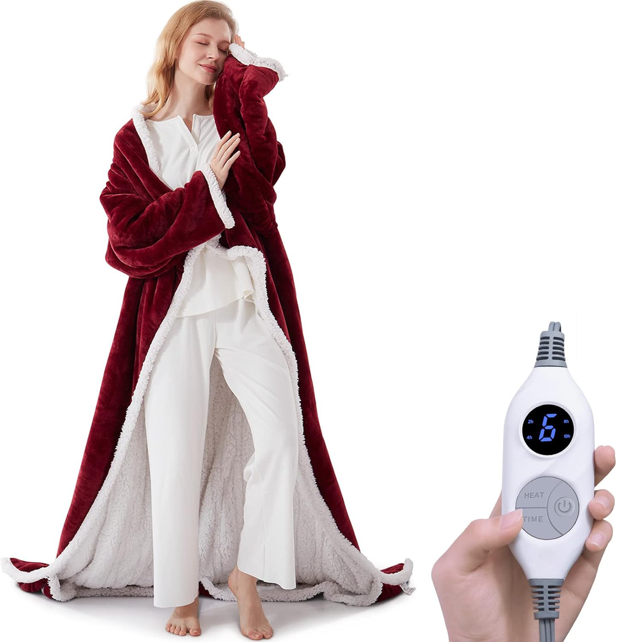 Electric Heated Wearable Blanket - Flannel & Sherpa,  6 Heating Levels & Timer, Wearable with Built-in Foot Pockets & Sleeves