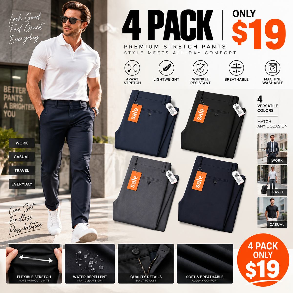 Men's No-Iron Stretch Dress Pants – Comfortable Golf & Business Trousers with Flexible Fit