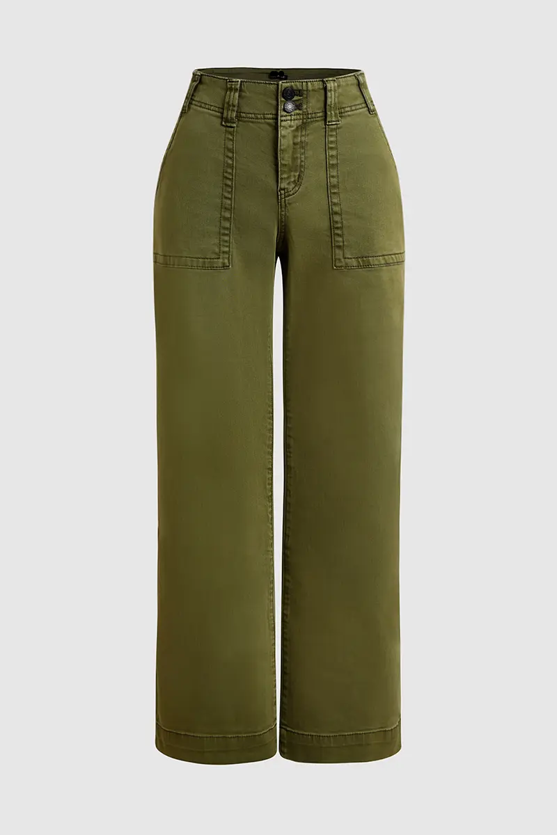 Double Button Mid Waist Straight Leg Pants